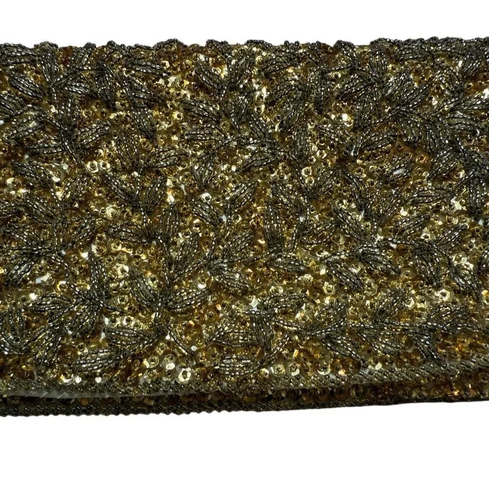 50s 60s Vintage La Regale Gold Beaded Sequin Satin Clutch